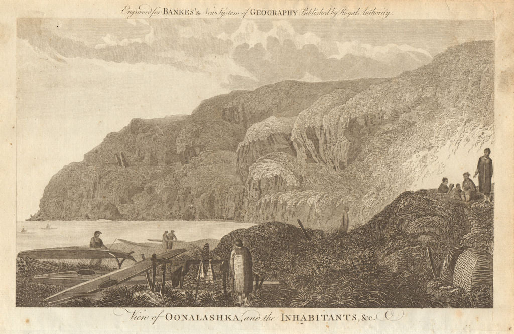 View of Oonalashka and the inhabitants, &c.. Unalaska, Alaska. BANKES 1789